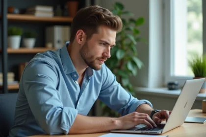 Jeune homme concentré travaillant sur son ordinateur dans un bureau moderne