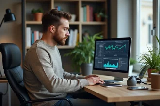Homme en bureau avec ordinateur et graphiques de données