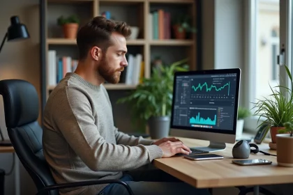 Homme en bureau avec ordinateur et graphiques de données