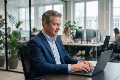 Homme d'affaires en costume navy travaillant sur un laptop dans un bureau moderne