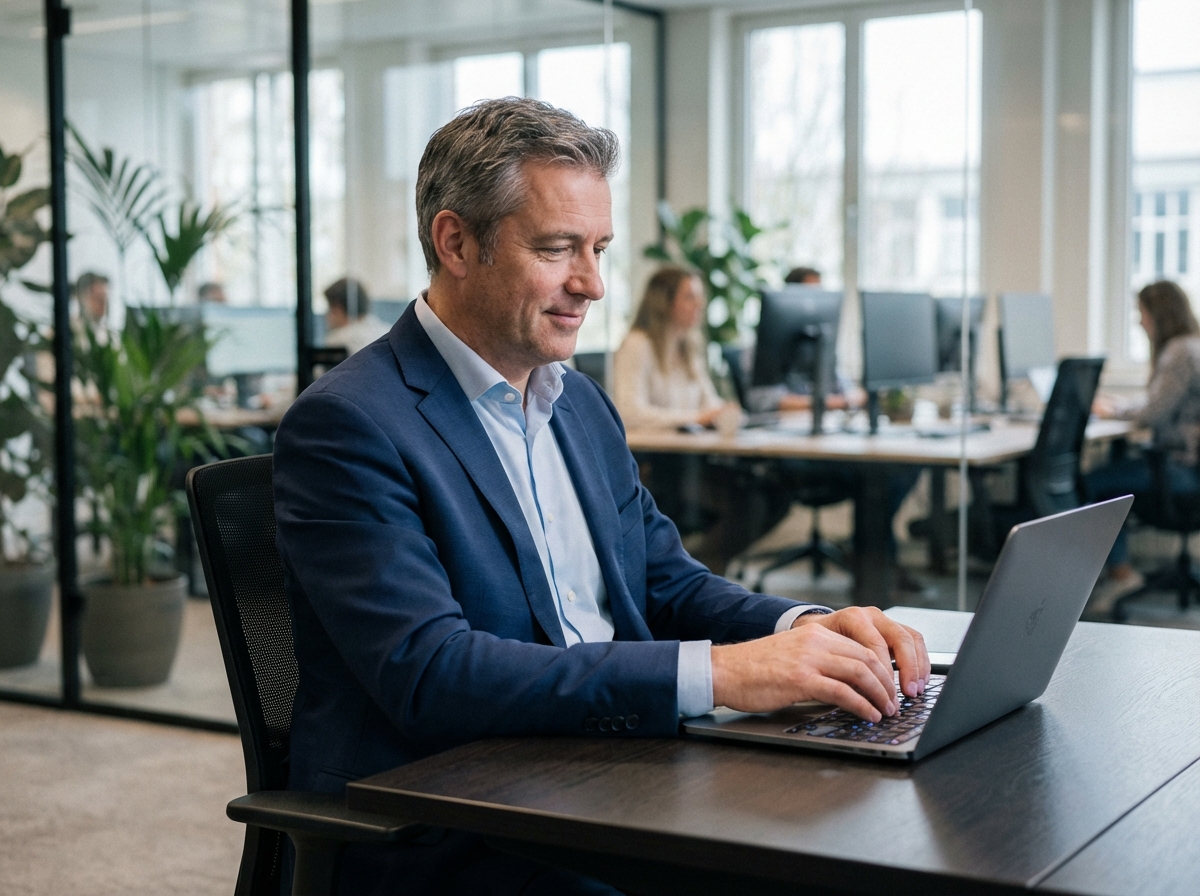 Homme d'affaires en costume navy travaillant sur un laptop dans un bureau moderne