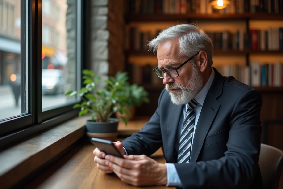 Homme d affaires utilisant chatbot sur smartphone au cafe