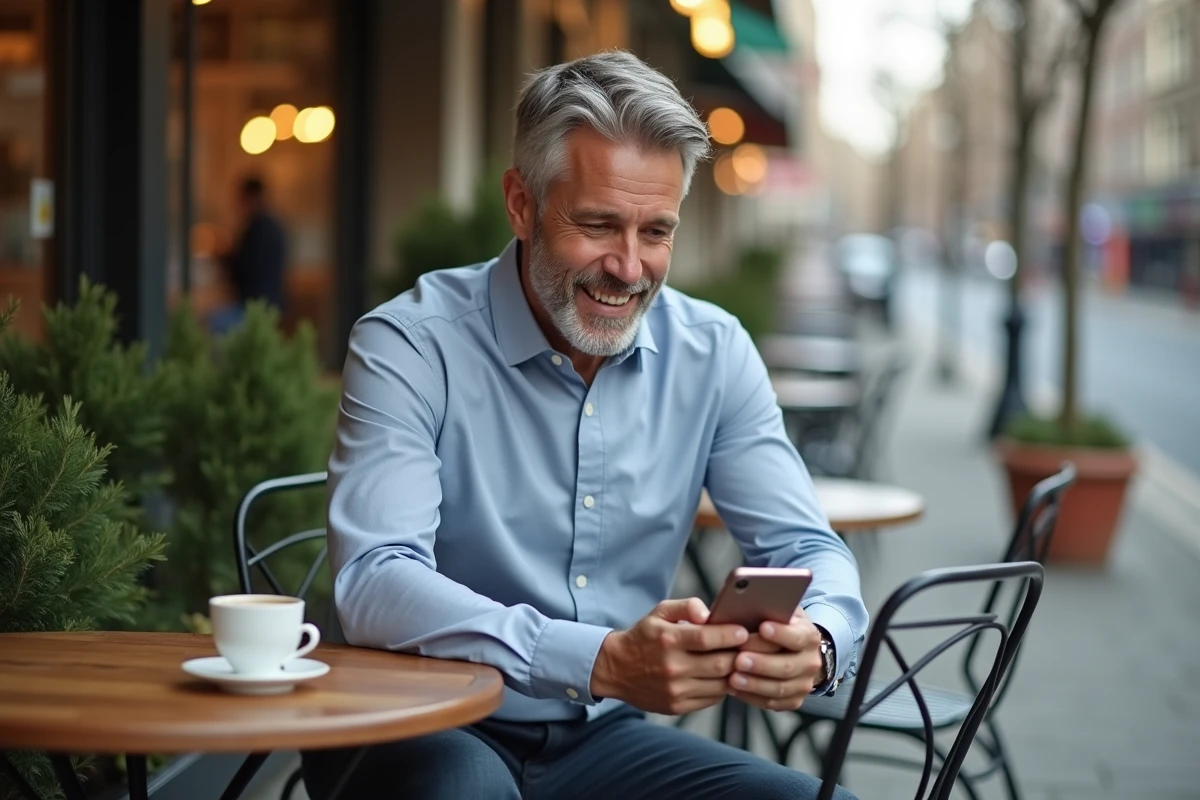 Homme en extérieur utilisant un smartphone dans un café urbain