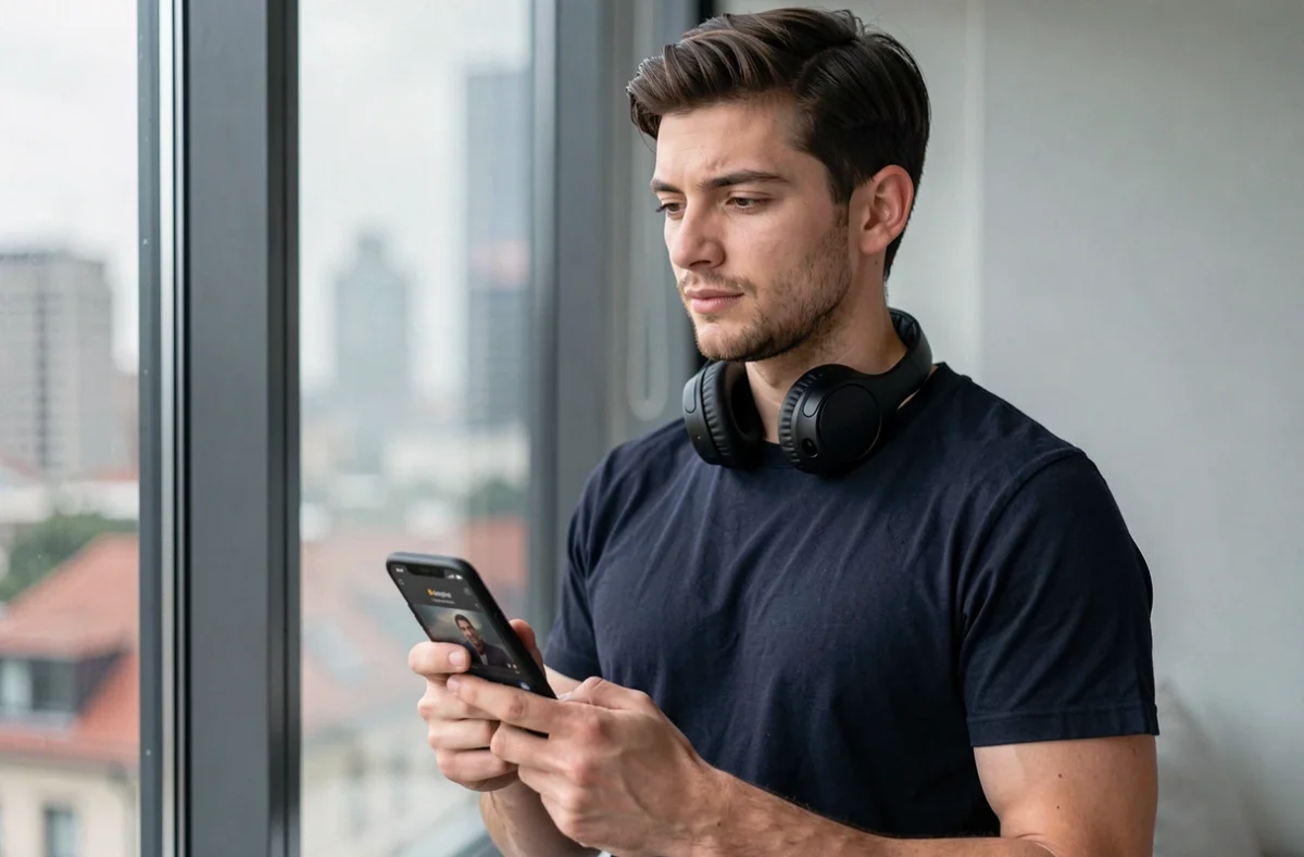 Homme avec casque audio tenant un smartphone affichant une application de musique en streaming dans un appartement moderne