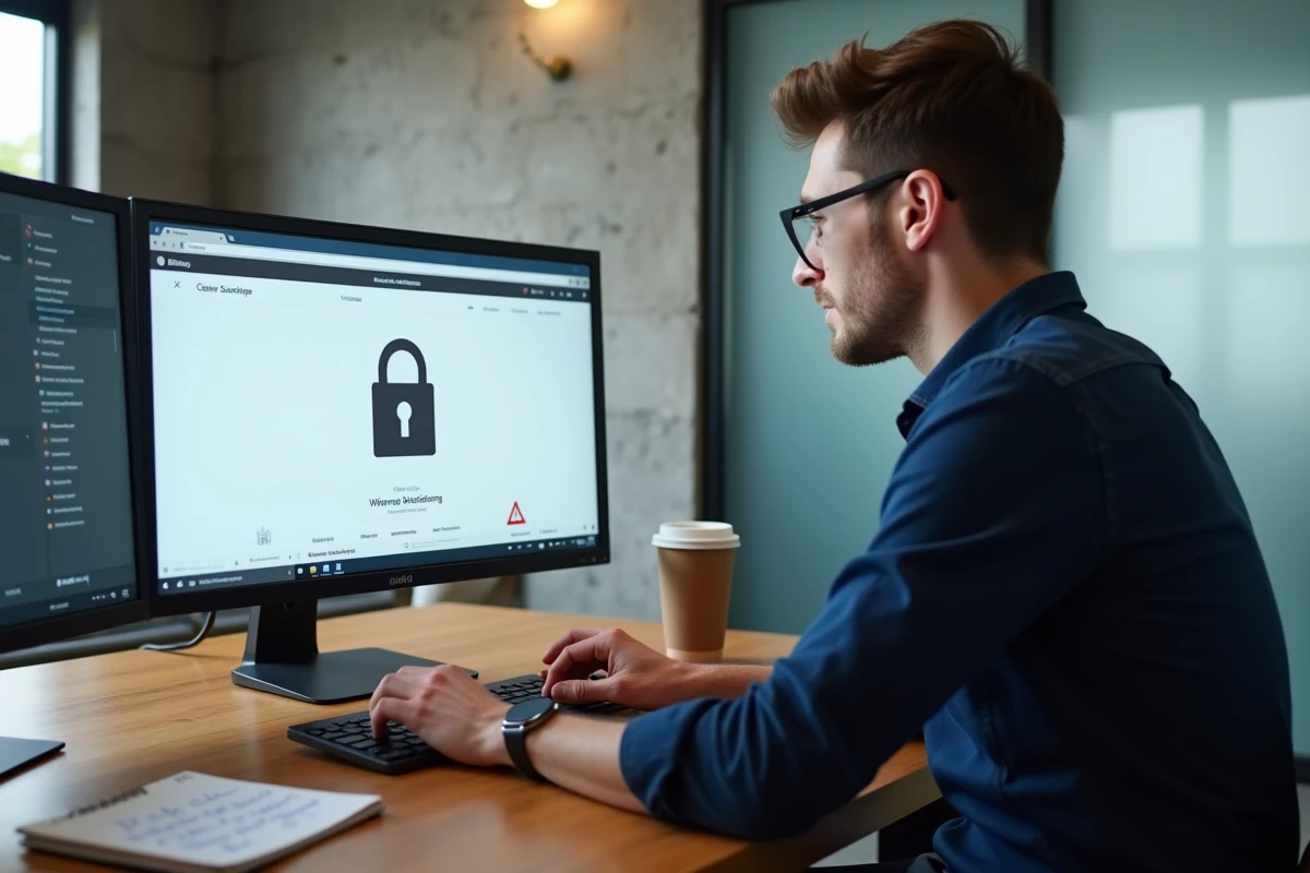 Homme en espace de coworking comparant un vrai site et un faux site internet pour détecter les plateformes frauduleuses