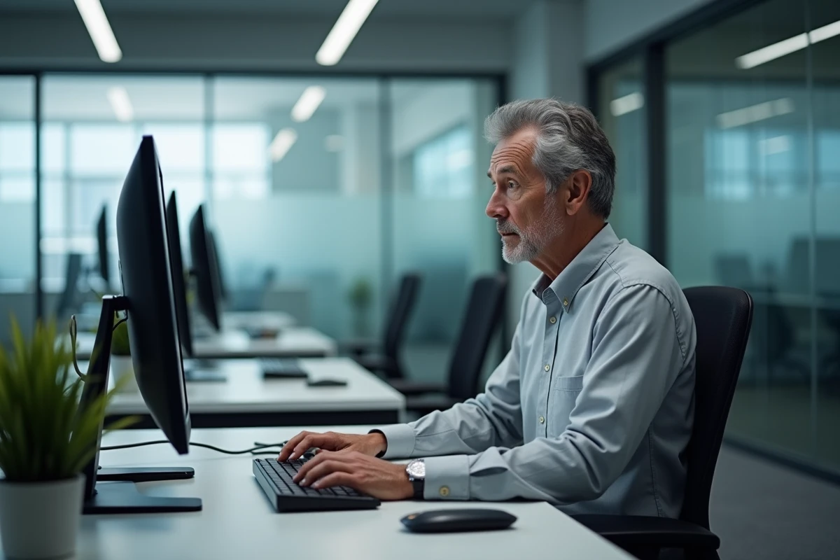 Homme d'âge mûr consultant une interface de connexion email obsolète dans un bureau professionnel moderne