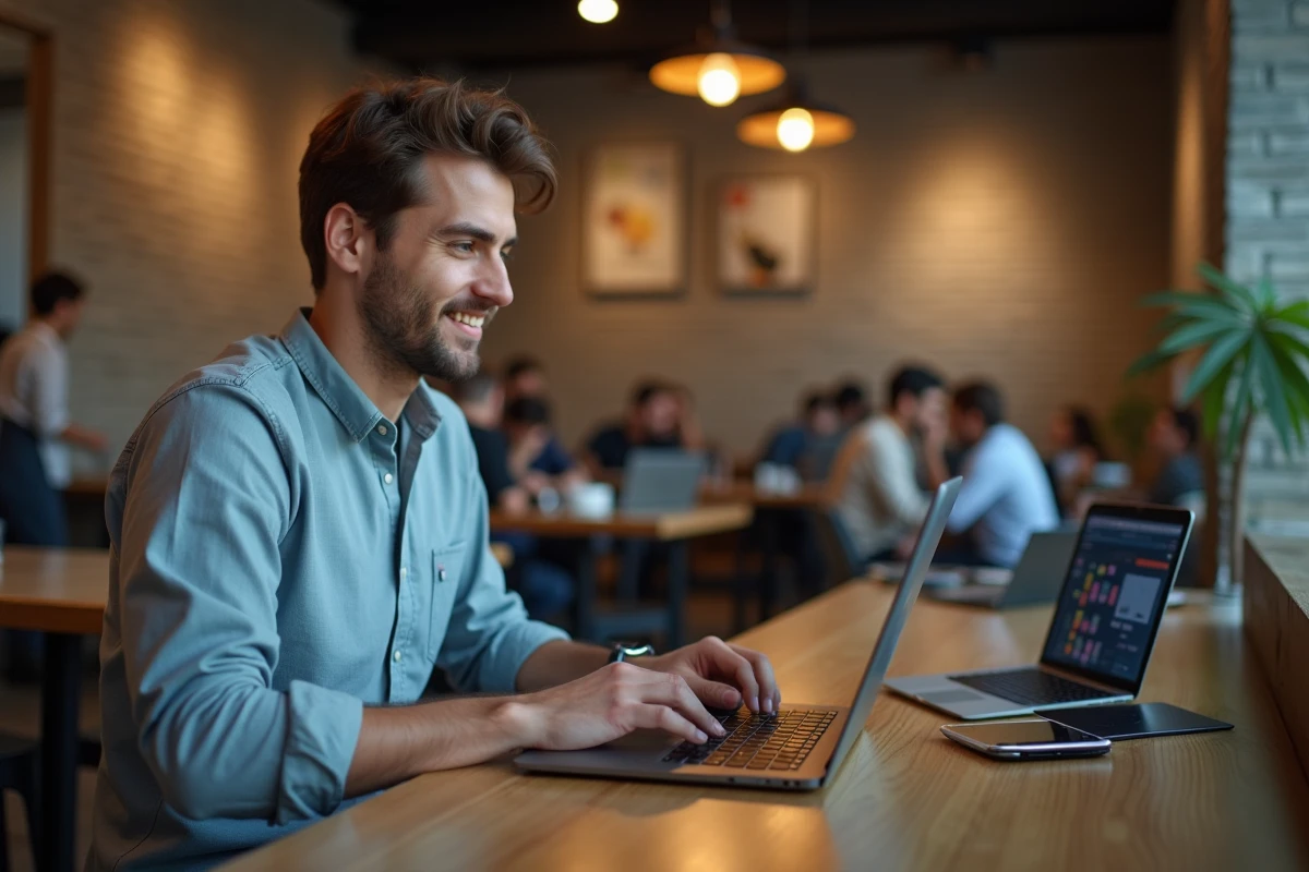 Homme travaillant sur un ordinateur dans un espace coworking dynamique