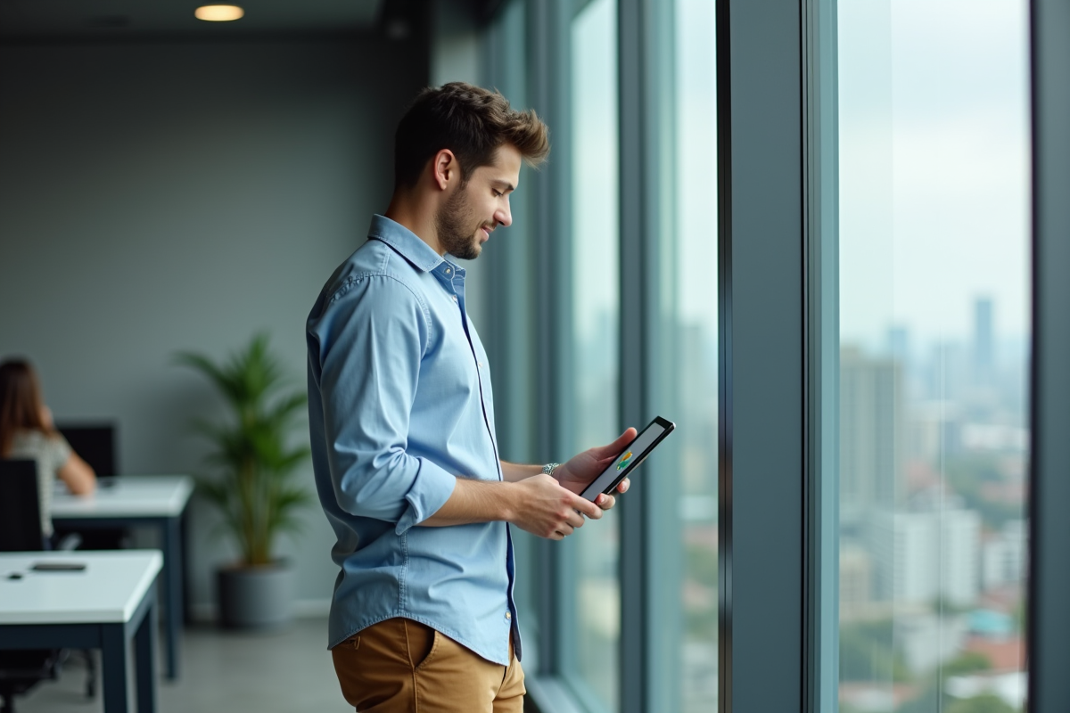 Jeune homme utilisant une tablette dans un espace de coworking