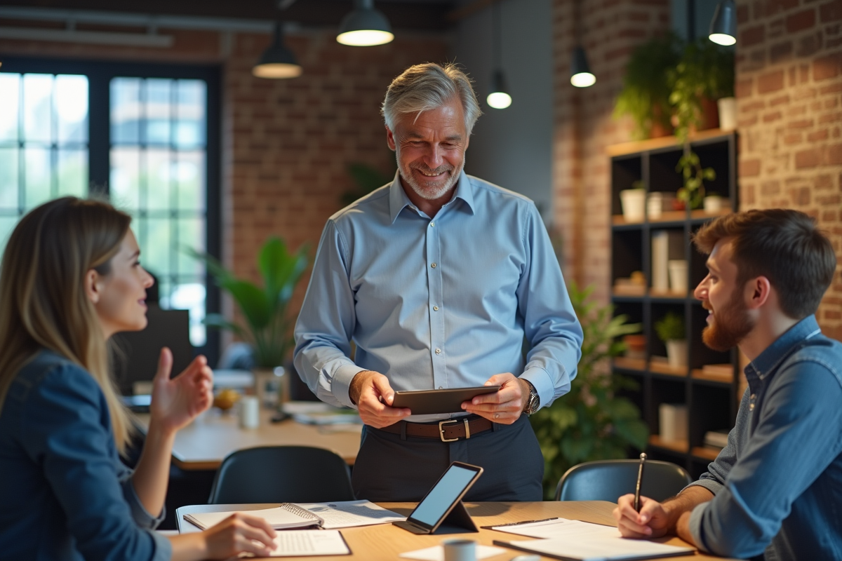Homme montrant un chatbot sur une tablette à ses collègues dans un espace de coworking