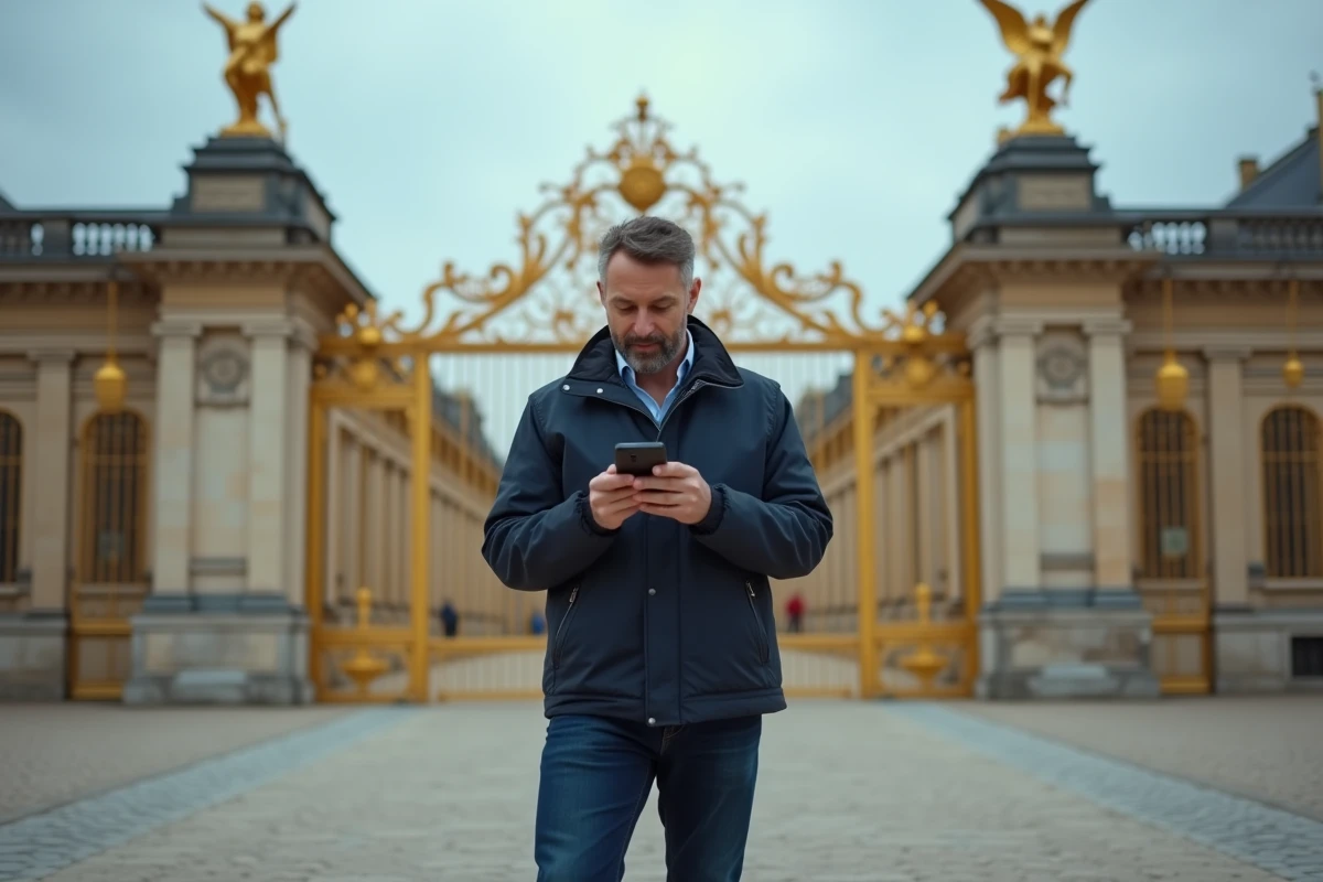 Homme lisant ses emails sur navigateur mobile devant le château de Versailles