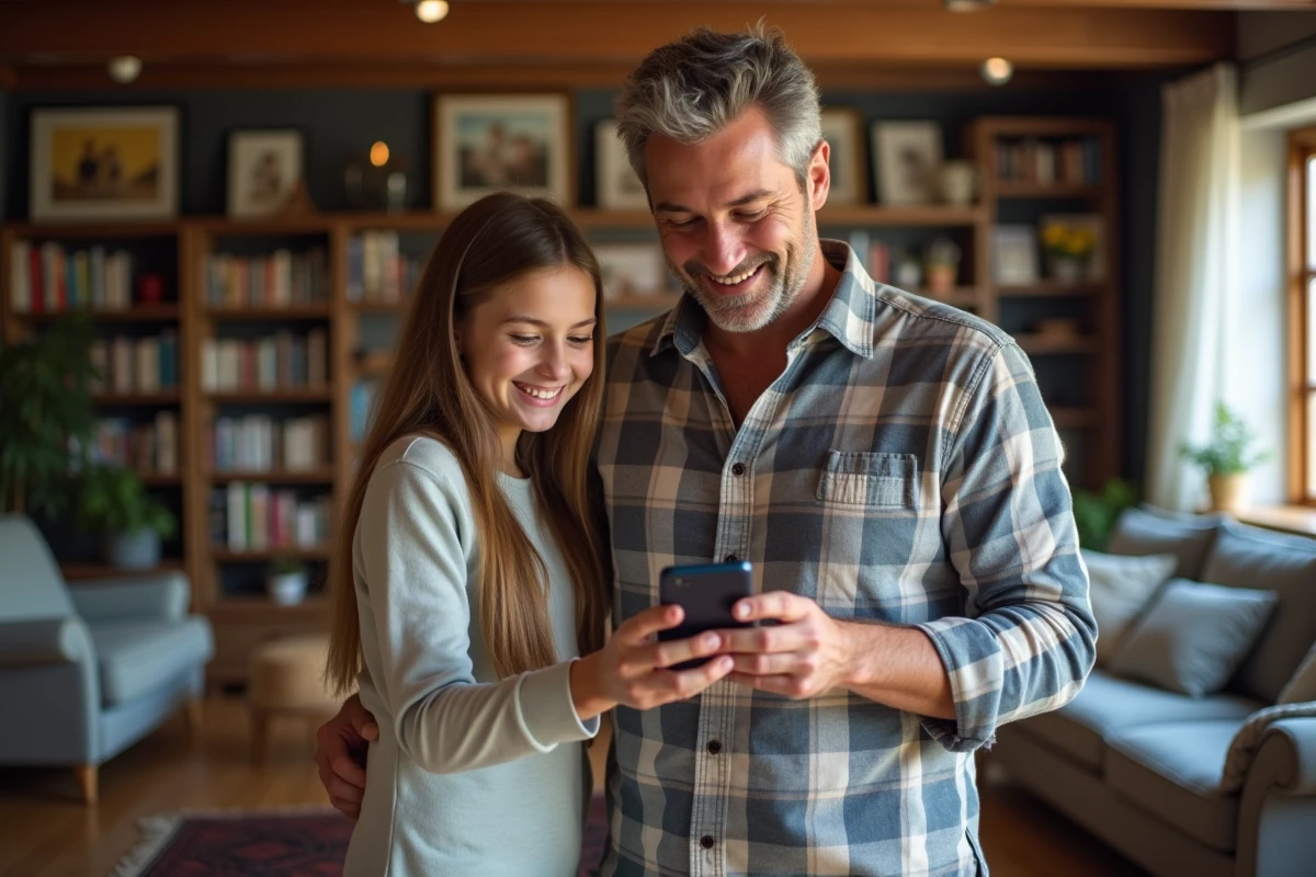 Homme montre son smartphone à une adolescente souriante