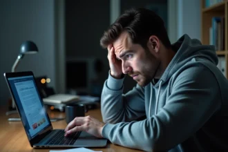 Homme frustré devant un écran d'ordinateur affichant une erreur de connexion Freebox à domicile