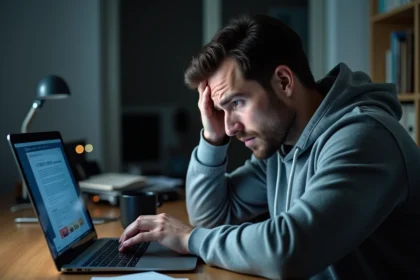 Homme frustré devant un écran d'ordinateur affichant une erreur de connexion Freebox à domicile