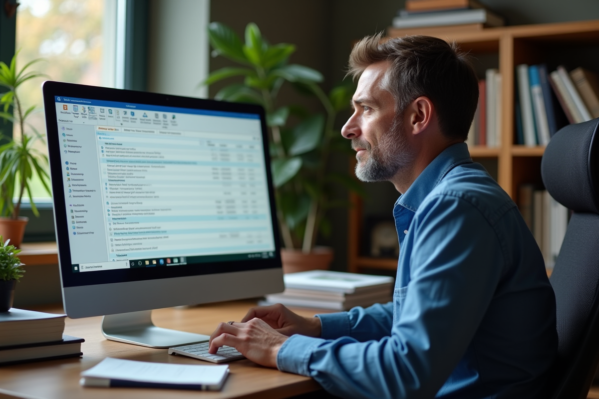 Homme d âge moyen utilisant une base de données Access à la maison