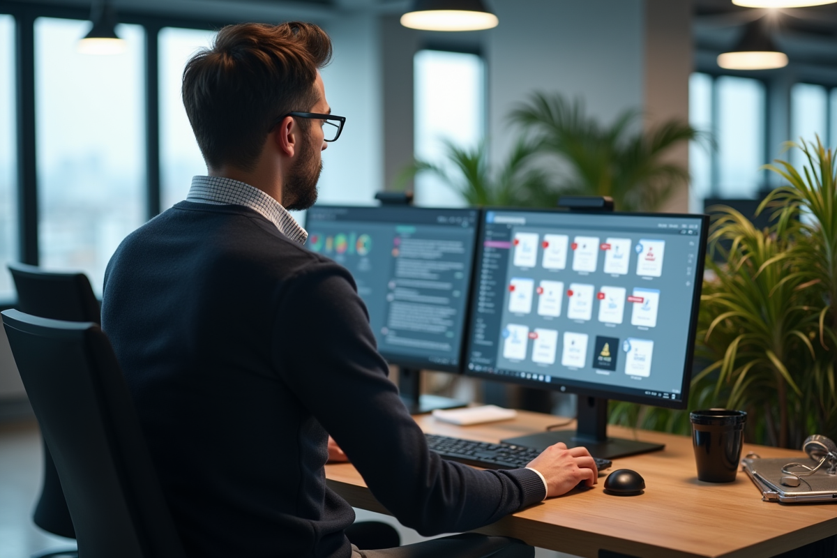 Homme IT trie des fichiers PDF sur un grand écran au bureau