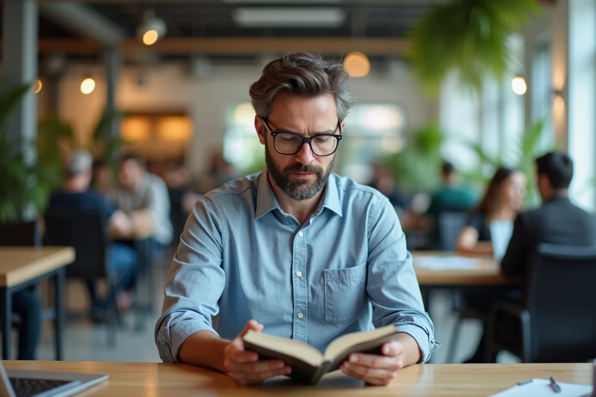 Homme lisant un guide tech dans un espace coworking