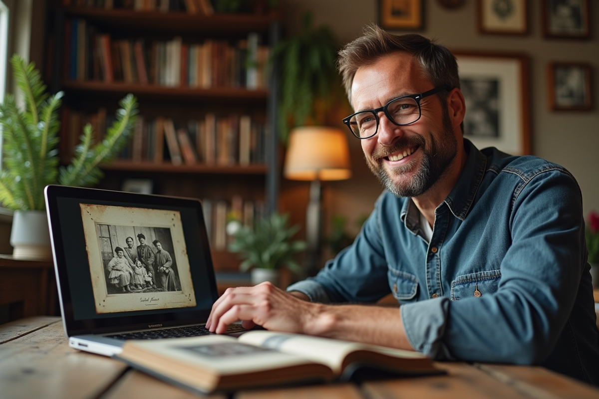 Homme lisant un album photo ancien dans un cadre domestique chaleureux
