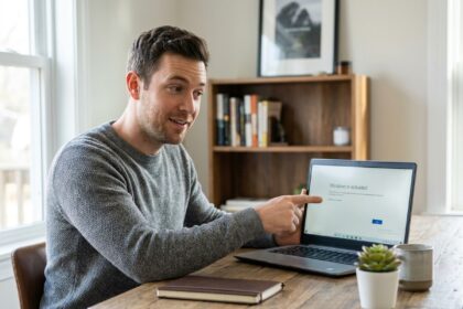 Homme satisfait devant un écran Windows activé à moindre coût sur son bureau à domicile