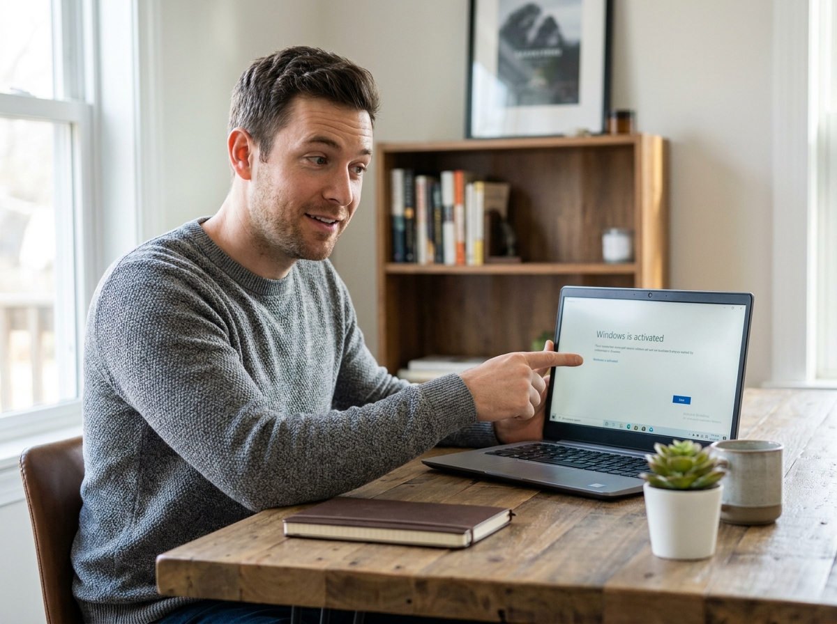 Homme satisfait devant un écran Windows activé à moindre coût sur son bureau à domicile