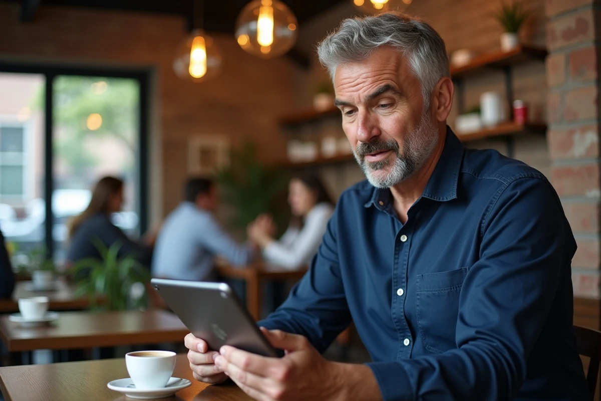 Homme consultant un navigateur web sur une tablette dans un café moderne