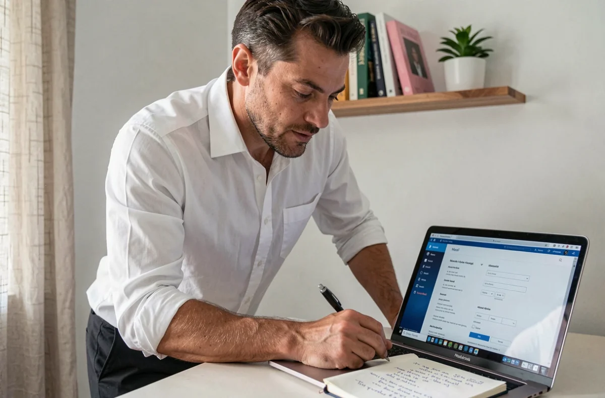 Homme prenant des notes devant son ordinateur portable ouvert sur les paramètres de Mélanie web dans un bureau à domicile