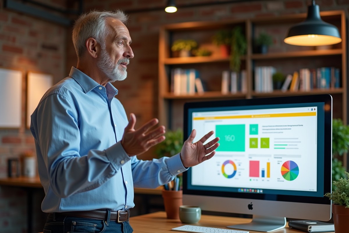 Homme mature présentant une maquette de landing page dans un espace de coworking