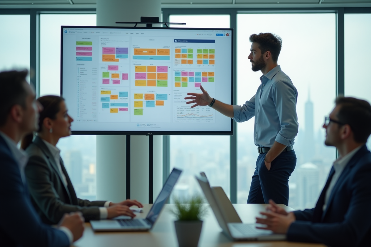 Jeune homme présentant une stratégie marketing en réunion