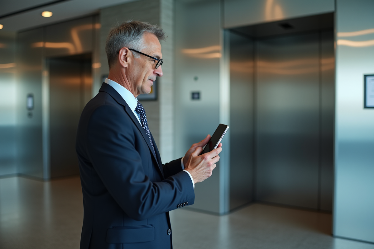 Homme d affaires utilisant la reconnaissance faciale dans un lobby moderne
