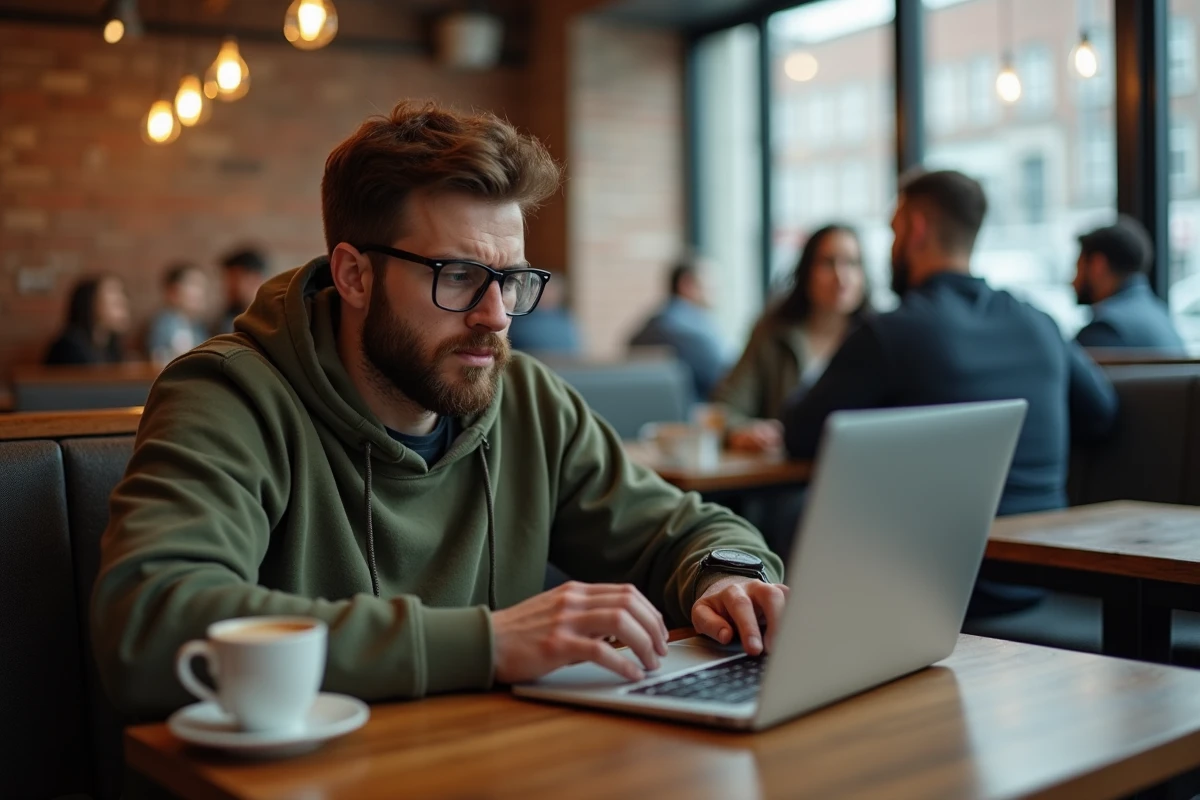 Homme rédigeant un avis critique sur un service en ligne depuis un café urbain