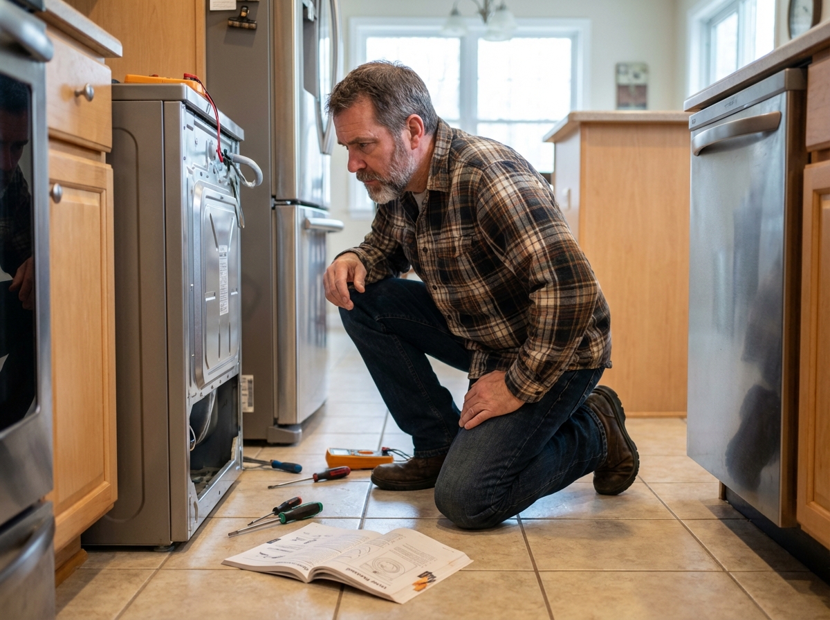 Homme d'âge moyen répare un lave-linge dans une cuisine moderne