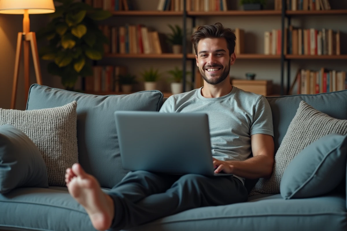 Homme détendu utilisant une souris gaming sur un canapé moderne