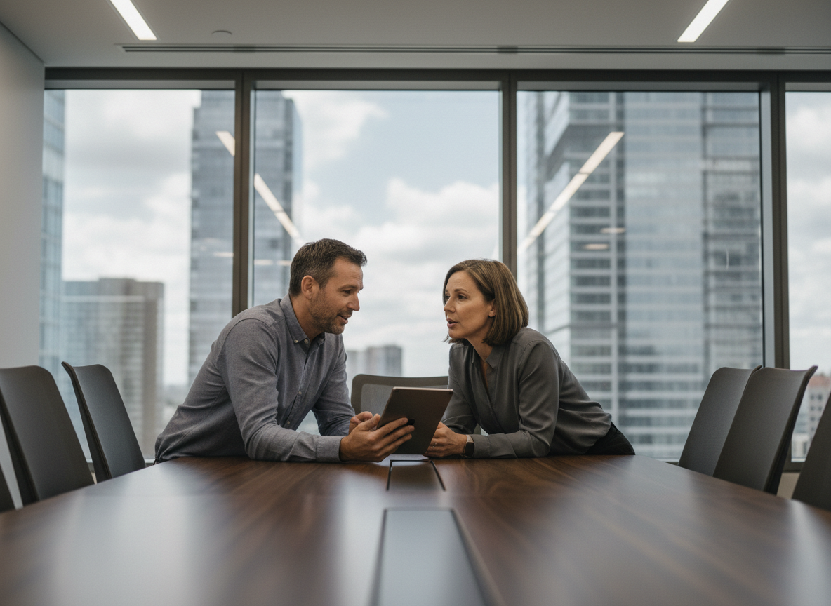 Homme en réunion discutant avec un collègue dans une salle moderne