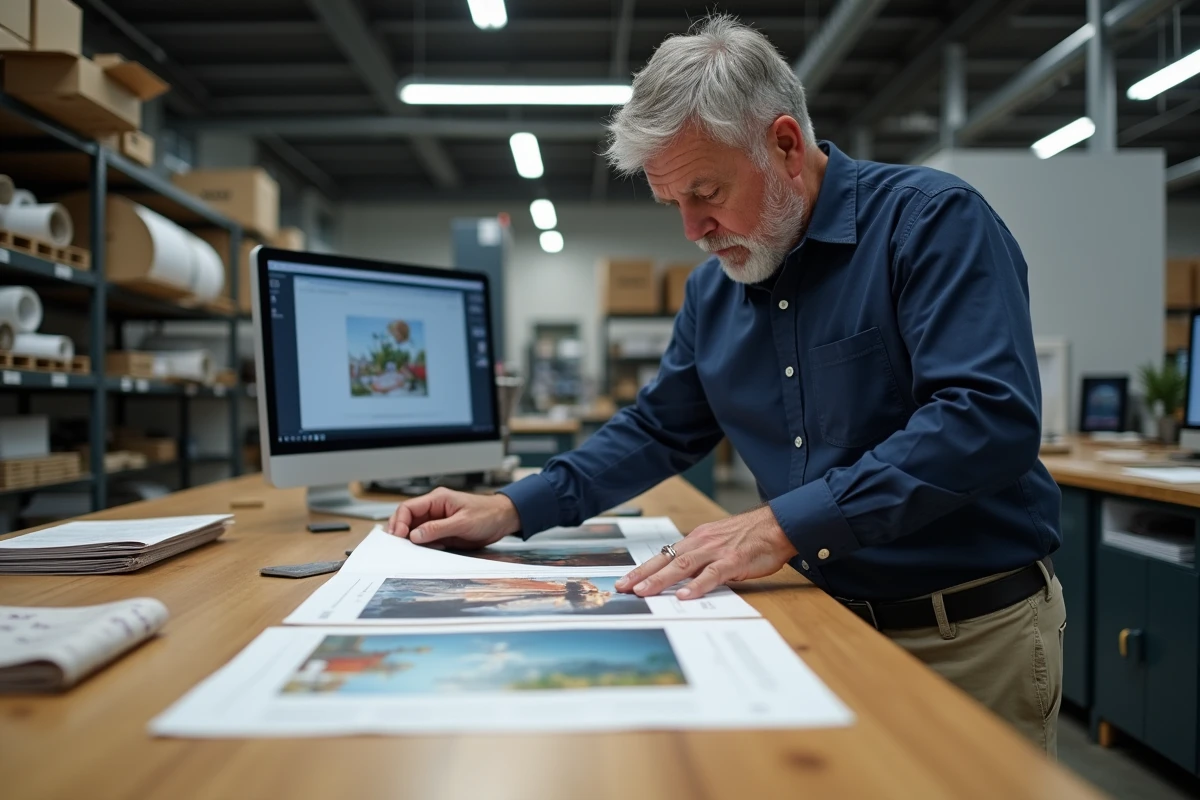 Homme d'âge moyen examinant une impression couleur dans un atelier d'impression