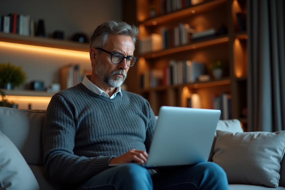 Homme vérifiant son historique Valorant sur son laptop dans le salon