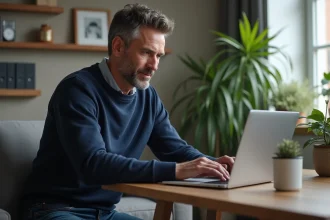 Homme d'âge moyen en jeans et pull navy en sécurité informatique