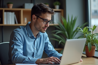 Homme concentré analysant des données SEO sur son ordinateur