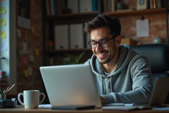 Homme souriant devant son ordinateur portable découvrant le meme Do a Barrel Roll dans un bureau à domicile