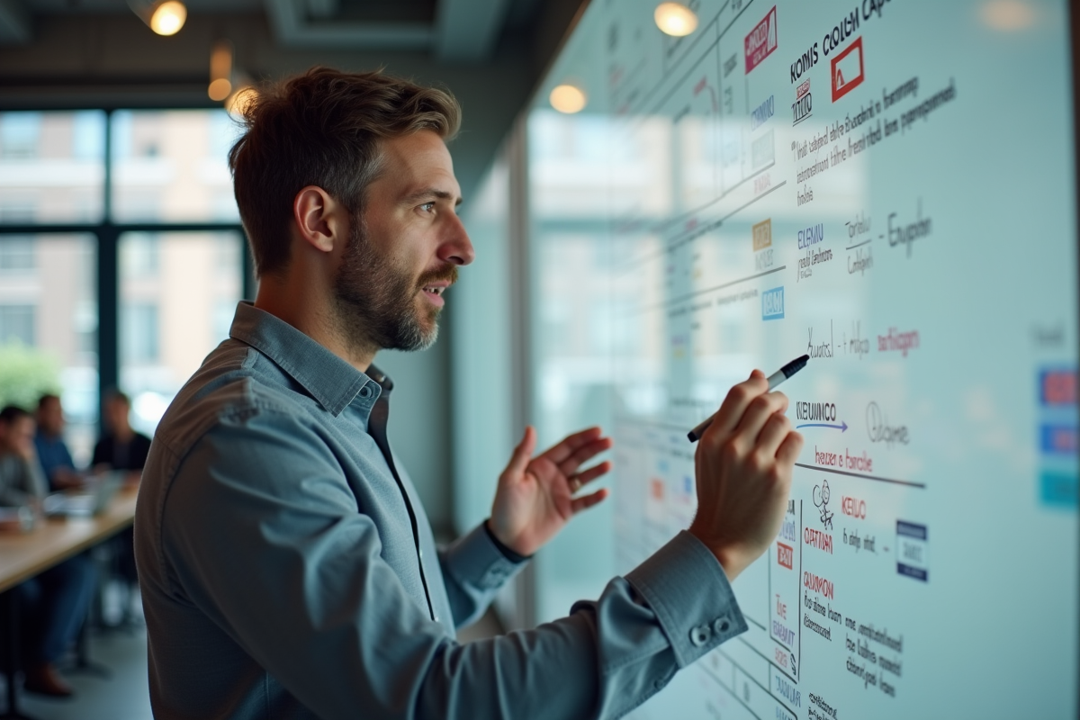 Homme expliquant des stratégies SEO devant un tableau blanc