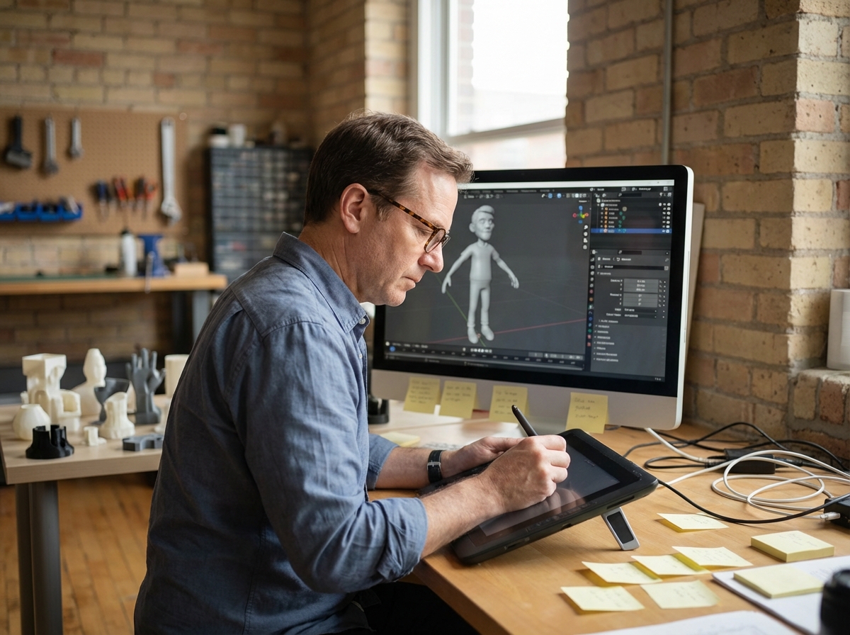 Homme sculptant un personnage 3D avec tablette dans un studio créatif