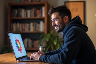 Homme surpris devant un écran d'ordinateur affichant une rotation de page Google Do a Barrel Roll
