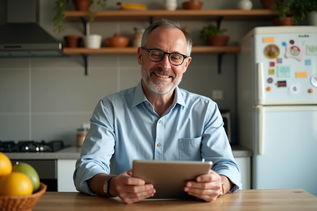 Homme d age moyen utilisant une tablette dans une cuisine chaleureuse