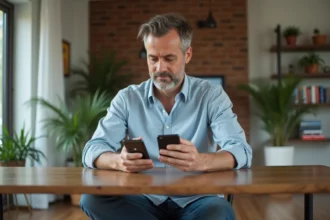 Homme examine un vieux et un nouveau smartphone dans un appartement