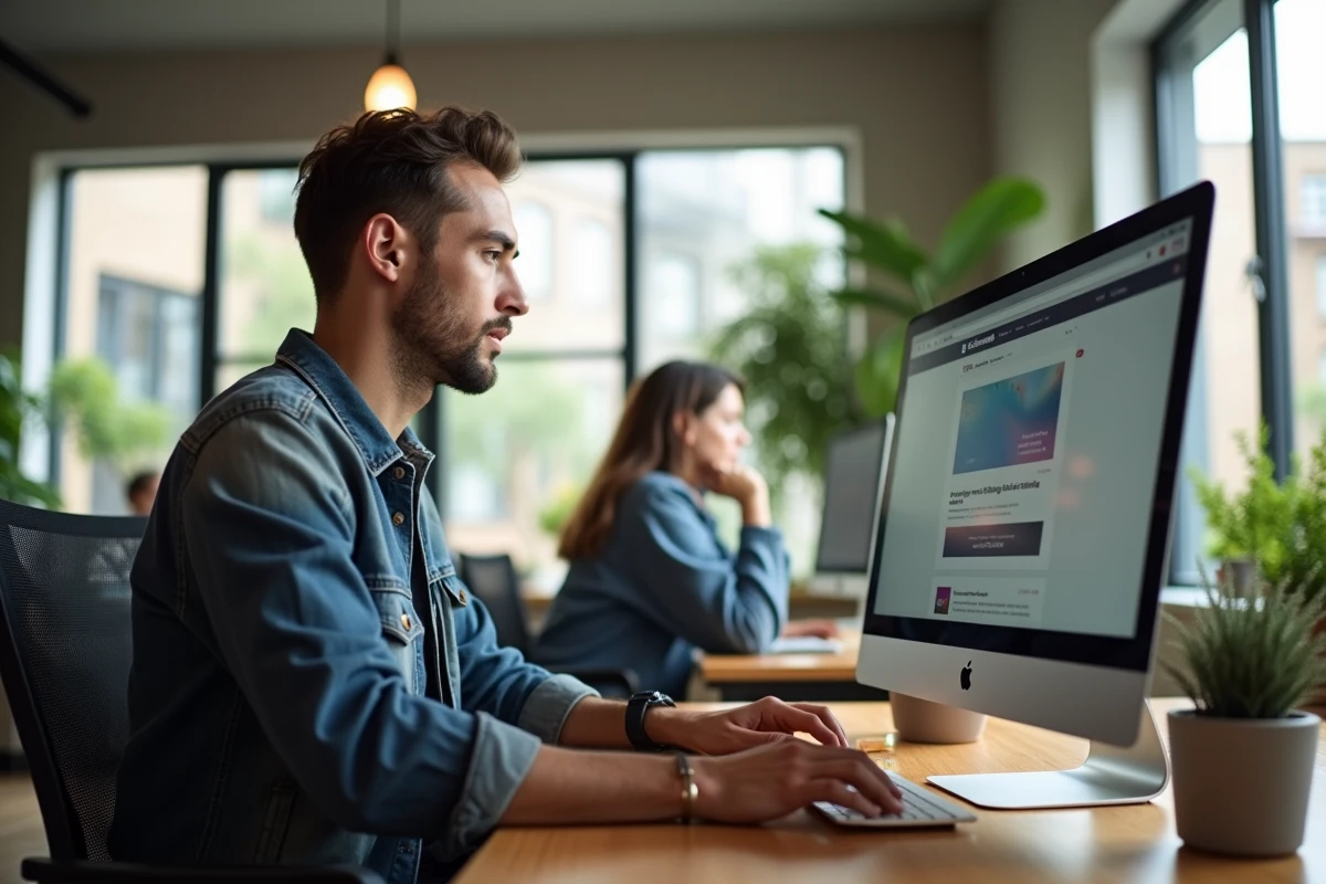 Homme utilisant un ordinateur dans un espace de coworking lumineux