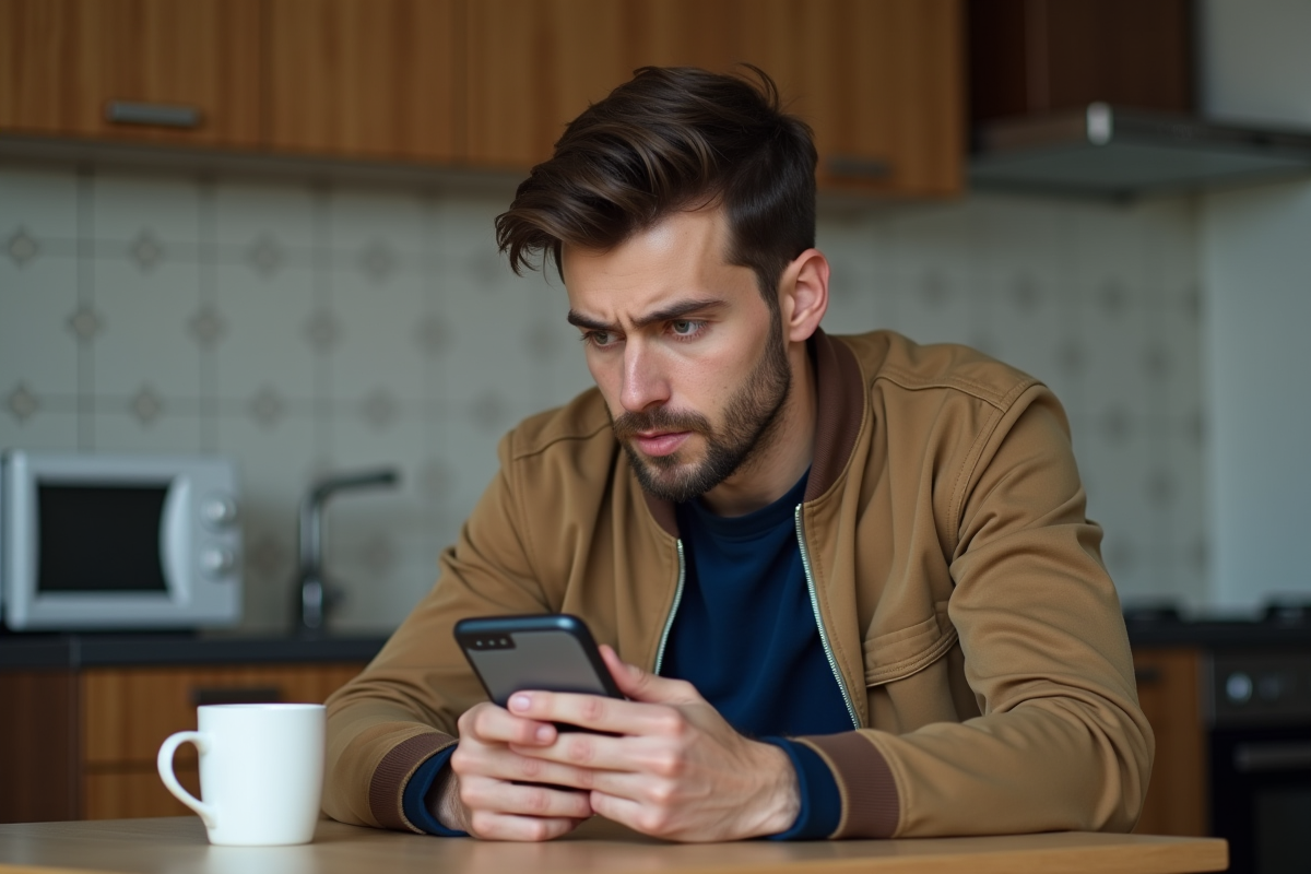 Homme regardant ses données sur smartphone dans la cuisine