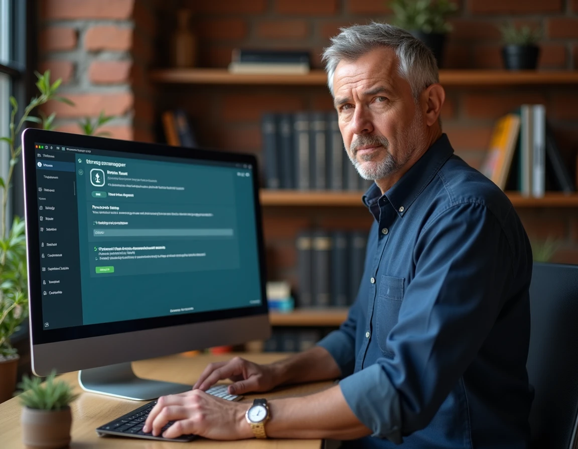 Homme configurant la vérification en deux étapes sur un tableau de bord de gestion de compte sécurisé depuis son bureau à domicile