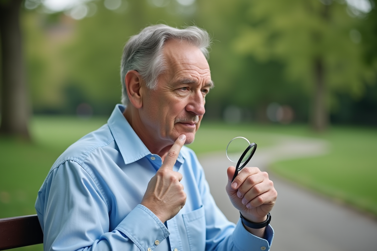 Homme regardant son doigt avec une loupe en plein air