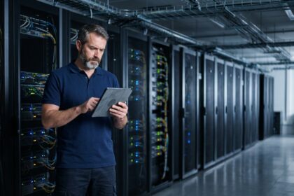 Ingénieur informatique dans un data center français examinant des serveurs sur tablette