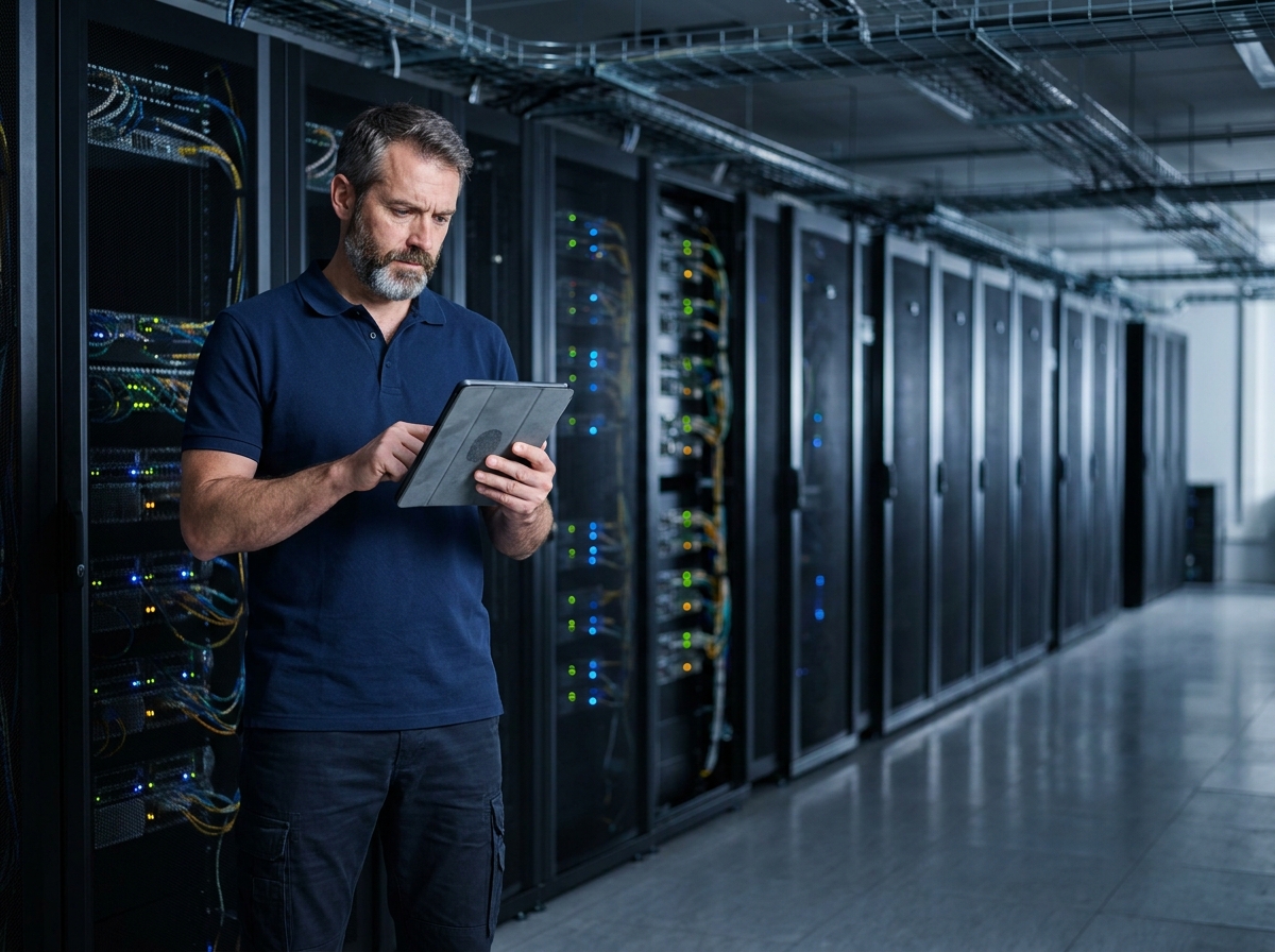 Ingénieur informatique dans un data center français examinant des serveurs sur tablette