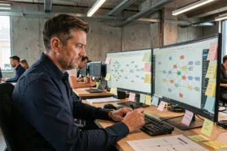 Ingénieur en sécurité informatique analysant un diagramme d'architecture réseau sur écran dans un bureau moderne, illustrant les erreurs fréquentes en modélisation de sécurité