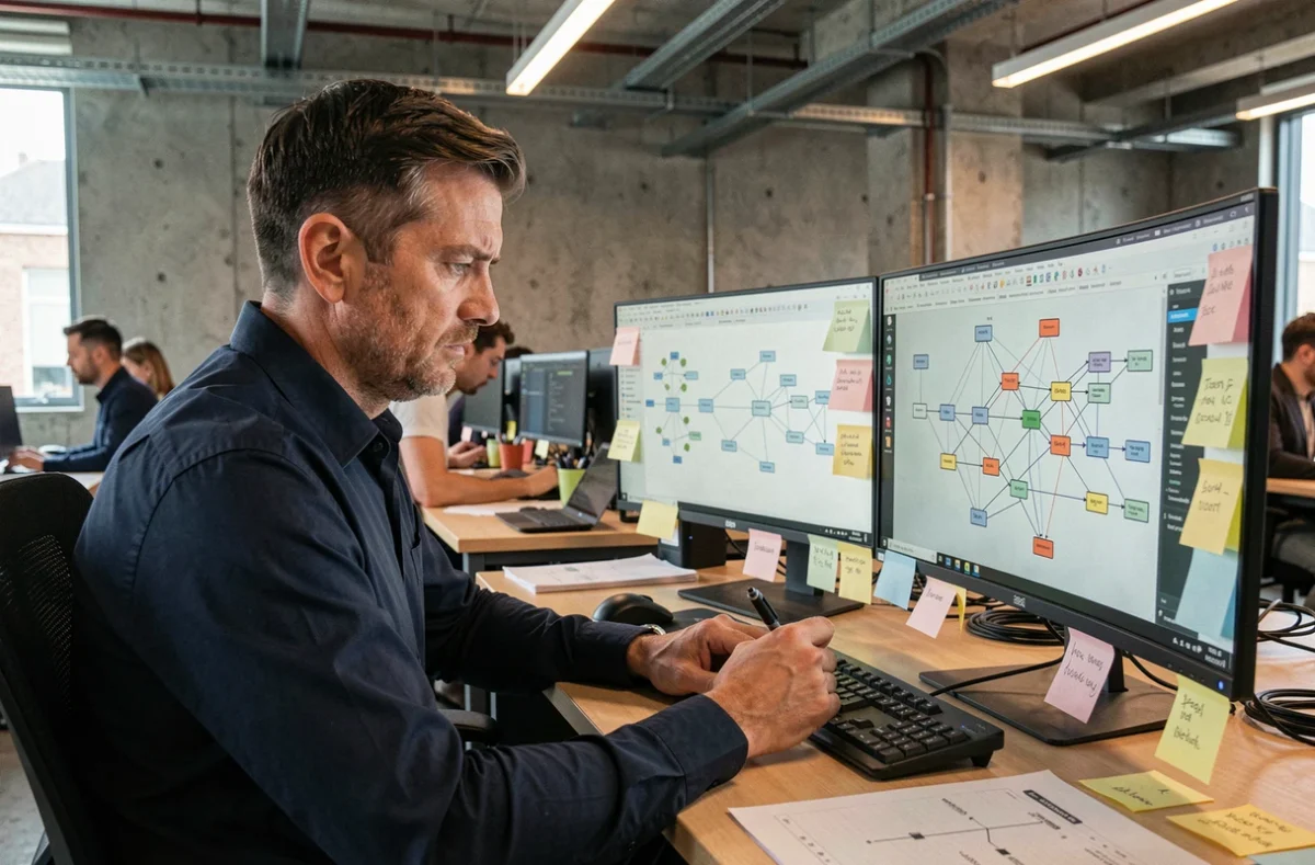 Ingénieur en sécurité informatique analysant un diagramme d'architecture réseau sur écran dans un bureau moderne, illustrant les erreurs fréquentes en modélisation de sécurité
